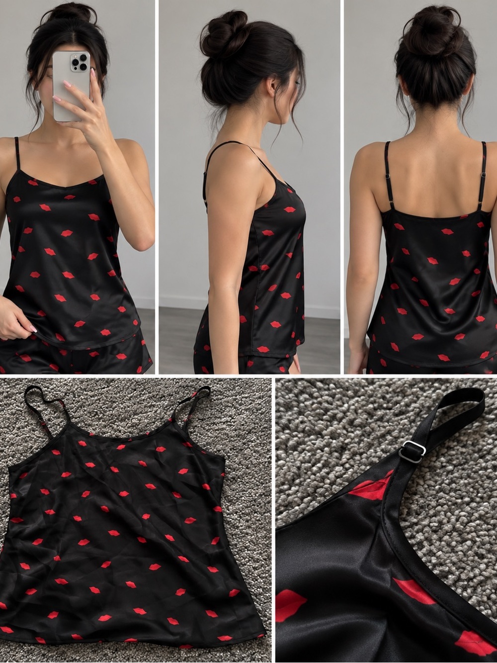 Black Satin Cami & Short Sleep Set with Red Lip Print